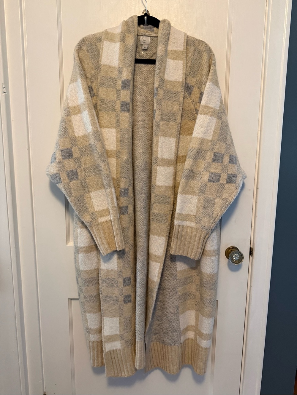 a new day Neutral Plaid Open-Front Long Cardigan - Beige White